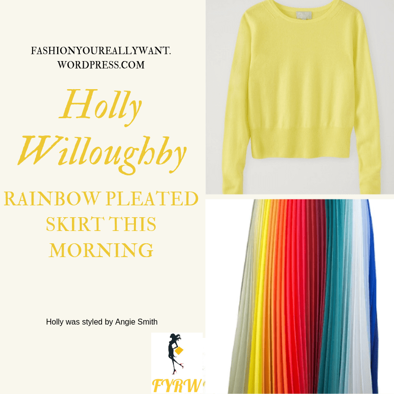 How to Find Holly Willoughby  This Morning outfit today Rainbow pleated skirt yellow knitwear nude suede court shoes blog July 2019