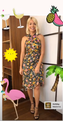 how to find Holly willoughby This Morning outfit today black floral halter dress black sandals July 2019 photo Holly Willoughby