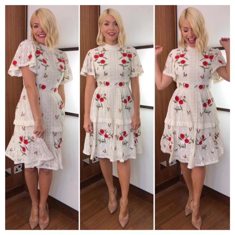 How to find holly willoughby This Morning outfit today ceam dress with red florals nude suede court shoes July 2019 Photo Holly Willoughby