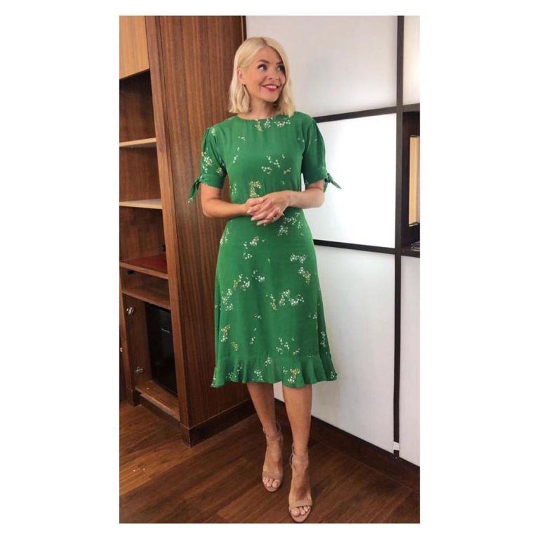 How to find Holly Willoughby This Morning outfit today green and white floral midi dress nude suede sandals July 2019 Photo Holly Willoughby
