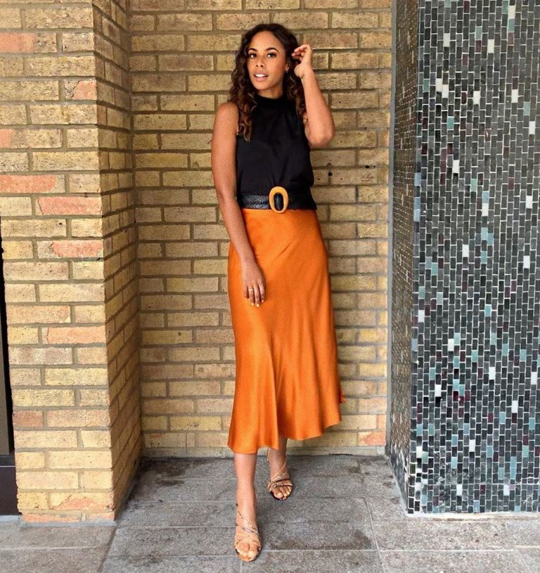 how to find Rochelle Humes This Morning outfit today orange silky skirt black sleeveless top strappy sandals July 2019 Photo Rochelle Humes