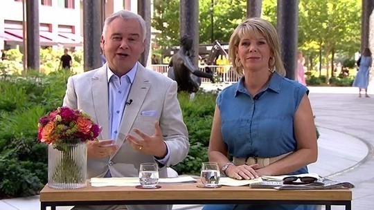 How to Find Ruth Langsford This Morning outfit today blue denim sleeveless midi dress July 2019 Photo ITV com