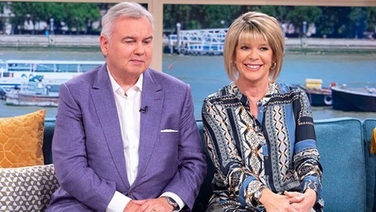 How to find Ruth Langsford This Morning outfit today blue grey scarf print tunic stone trousers July 2019 photo ITV com