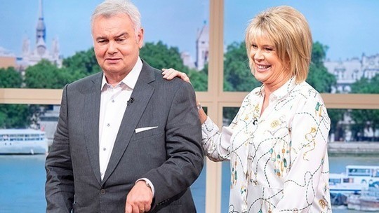 how to find Ruth Langsford This Morning outfit today white rope print blouse black trousers suede court shoes July 2019 Photo ITV com