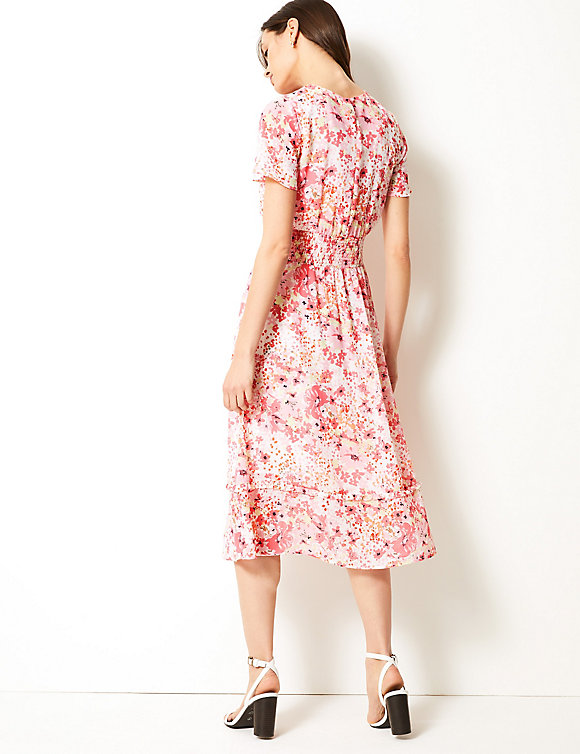 M&amp;S Collection Floral Print Waisted Midi Dress back view