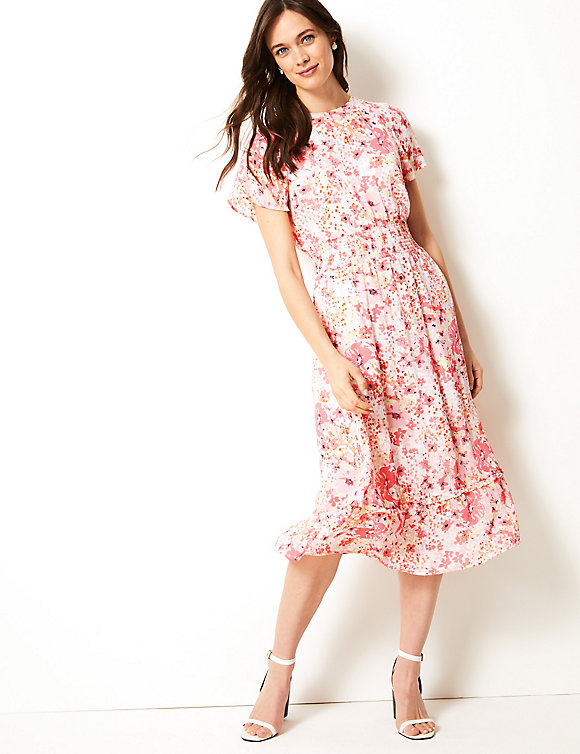 M&amp;S Collection Floral Print Waisted Midi Dress