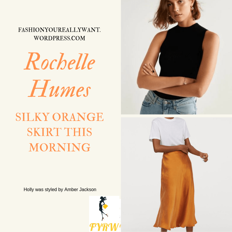 How to Find Rochelle Humes Silky Orange Skirt black sleeveless top strappy sandals This Morning July 2019 blog