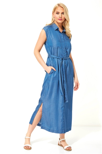 Roman Denim Button Through Midi Dress