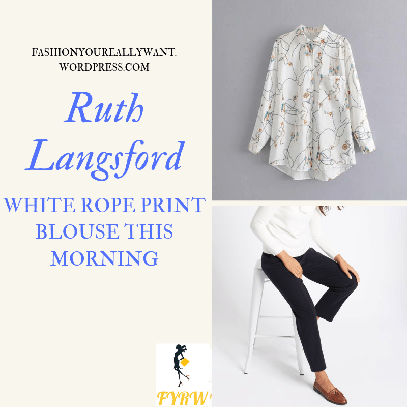 How to Find Ruth Langsford  This Morning outfit today white rope print blouse black trousers black suede court shoes blog July 2019