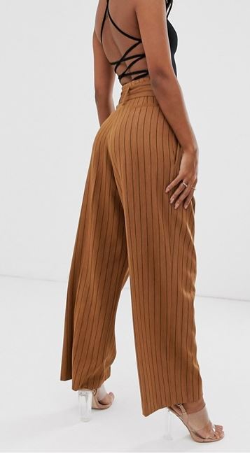 ASOS DESIGN belted wide leg trousers in pinstripe back view