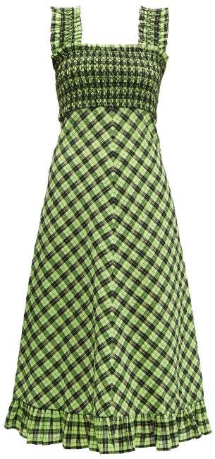 Ganni Checked Cotton Blend Midi Dress in Black Green