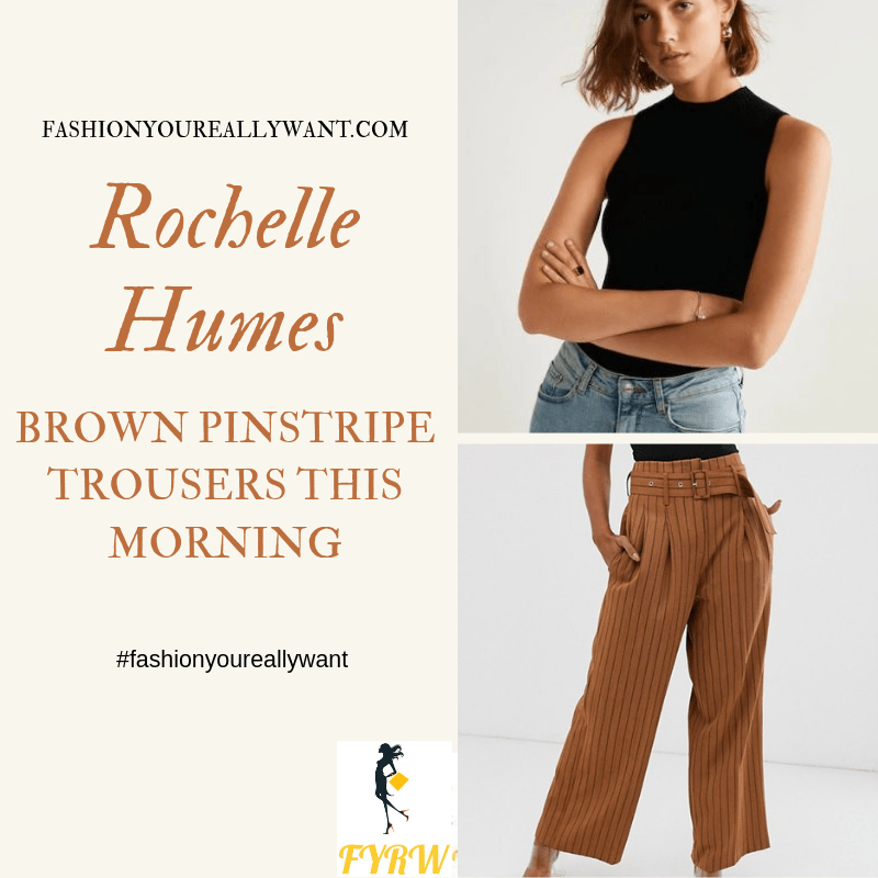 How to Find Rochelle Humes  This Morning outfit today brown pinstripe belted wide leg trouser black sleeveless top blog August 2019