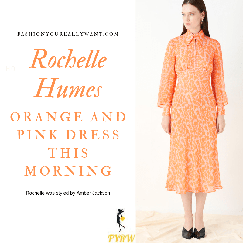 How to Find Rochelle Humes  This Morning outfit today orange and pink printed dress with collar and long sleeves blog August 2019