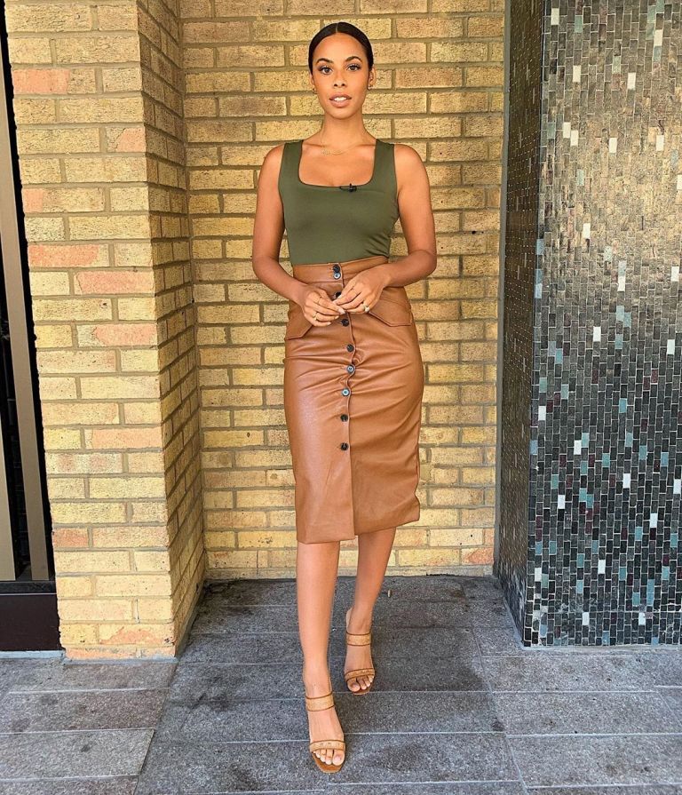how to find Rochelle Humes This Morning outfit today brown leather look skirt green top beige mules August 2019 Photo Rochelle Humes