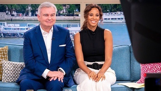how to find Rochelle Humes white wide leg trousers black sleeveless top This Morning outfit August 2019 photo ITV com