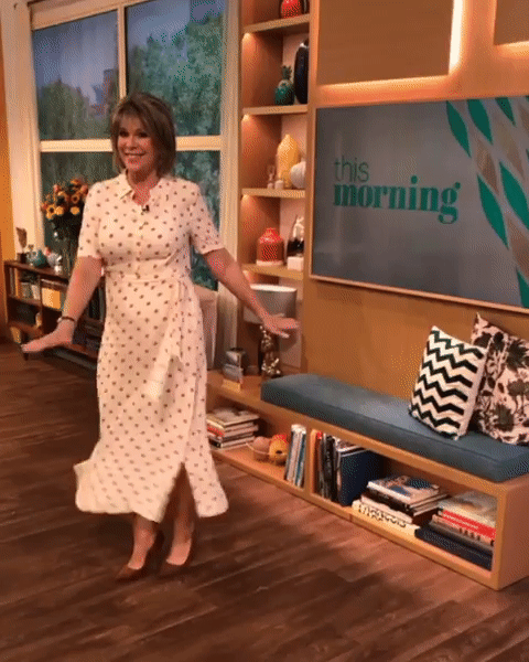 How to find Ruth Langsford This Morning outfit today cream spot shirt dress August 2019 photo ITV com