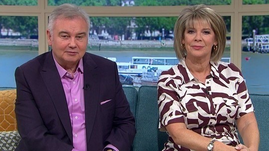 How to find ruth Langsford This Morning outfit today white and brown zebra print shirt dress August 2019 Photo ITV com