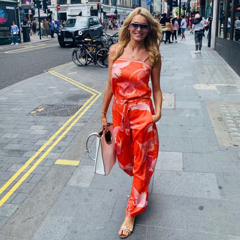 How to find Tess Daly coral red bird print jumpsuit august 2019 photo Tess daly