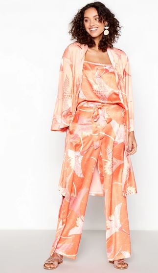 Matthew Williamson Coral Graphic Bird Satin Wide Leg Trousers and camisole