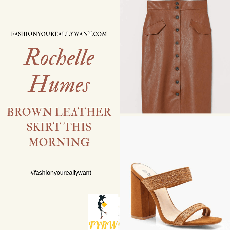 How to Find Rochelle Humes  This Morning outfit today green square neck top brown button pencil skirt woven mules blog August 2019