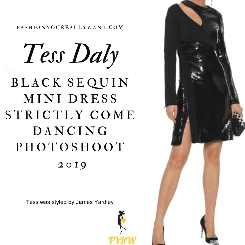 Tess Daly wore a Black Sequin Mini Dress for the Strictly Come Dancing Photoshoot 2019 outfit blog August