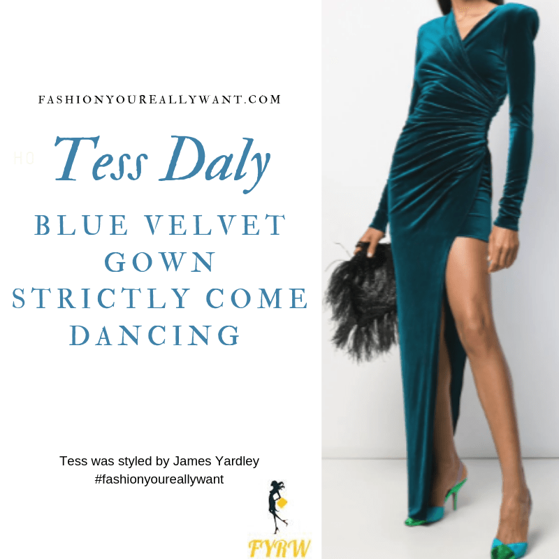 Tess Daly blue velvet gown gold glitter court shoes Strictly Come Dancing Launch 2019 August blog