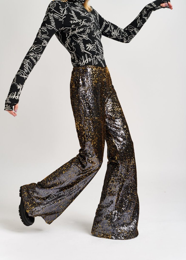 Essentiel Antwerp Black and Gold Sequinned Flared Pants