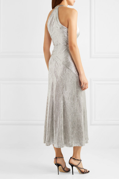 Galvan Halterneck Textured-lame Midi Dress back view
