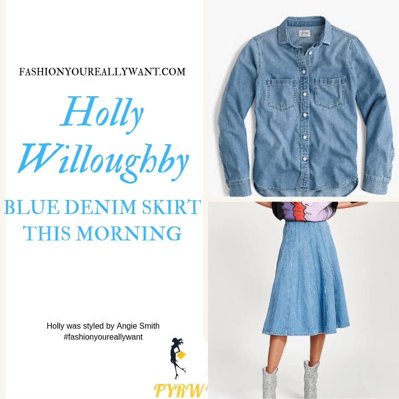 How to find Holly Willoughby This Morning outfit today denim panelled midi skirt blue chambray denim shirt nude suede court shoes blog September 2019