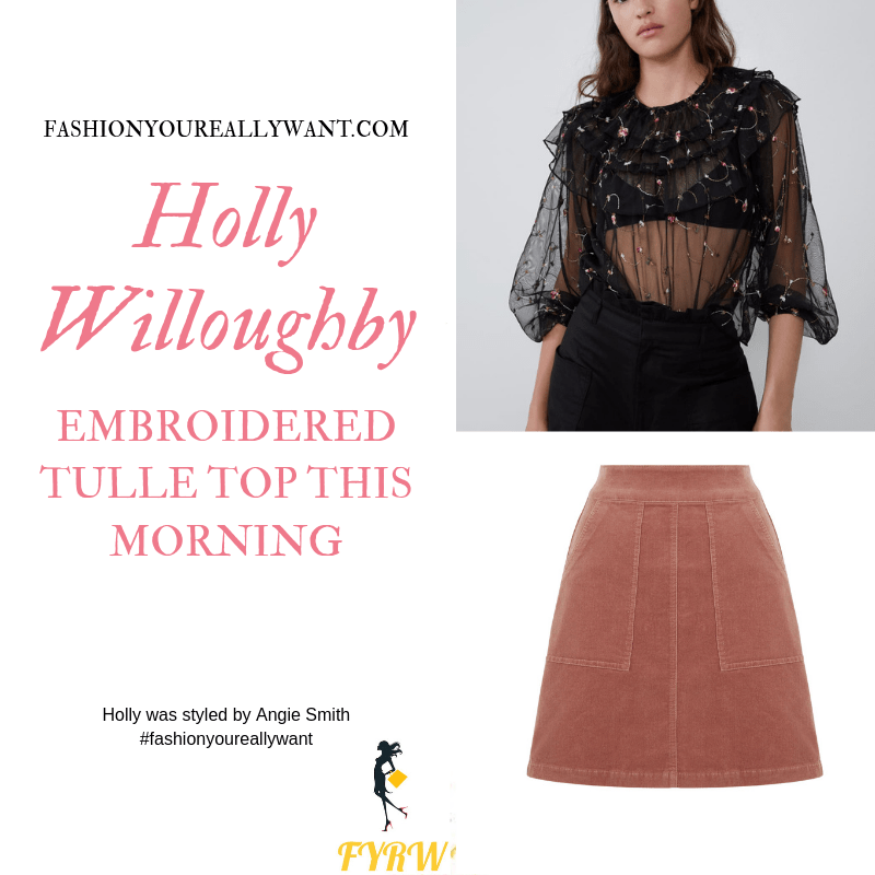 Holly Willoughby Wore a black embroidered sheer top and pink cord skirt with black boots on  This Morning today blog September 2019