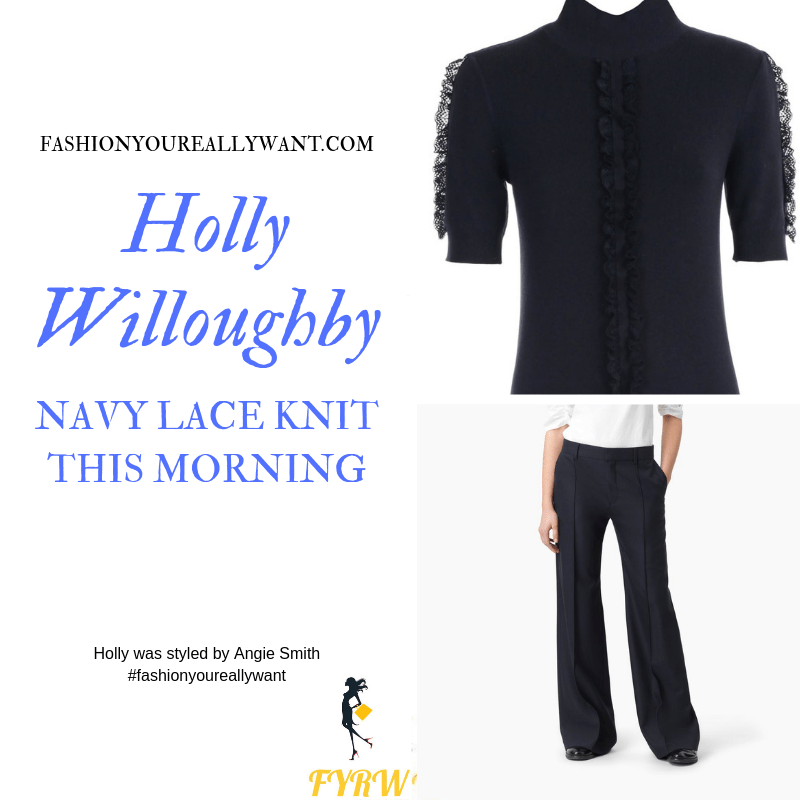 Holly Willoughby wore a navy lace short sleeve knit top and navy trousers on  This Morning today blog September 2019