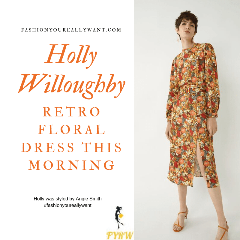 Holly Willoughby Wore a red brown pink floral dress with nude suede court shoes on  This Morning today September 2019 outfit blog