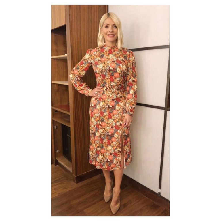 How to find Holly Willoughby brown and pink floral dress nude suede court shoes This Morning outfit today September 2019 Photo Holly Willoughby