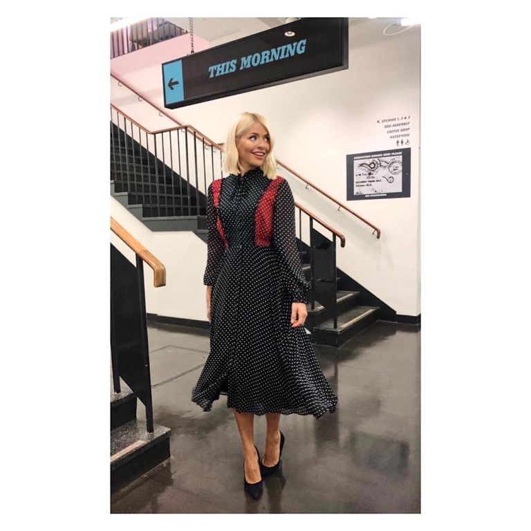 how to find Holly Willoughby navy spot dress This Morning outfit today September 2019 Photo Holly Willoughby