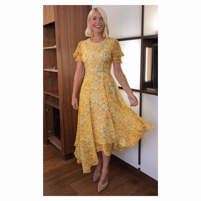 How to find Holly Willoughby This Moring outfit today sunflower yellow maxi dress nude suede court shoes September 2019 Photo Holly Willoughby