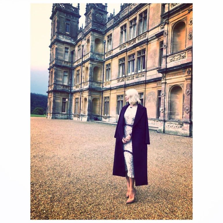 how to find holly willoughby This Morning outfit today brown trim cream dress with map print nude beige shoes Downton Abbey September 2019 Photo Holly Willoughby