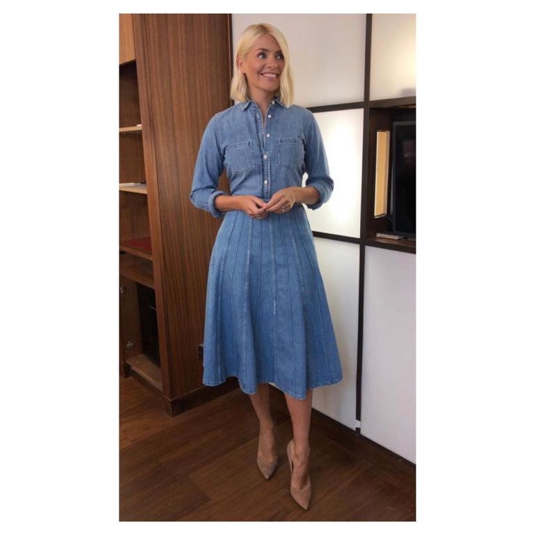 how to find Holly Willoughby This Morning outfit today denim midi skirt denim shirt nude suede court shoes September 2019 Photo Holly Willoughby