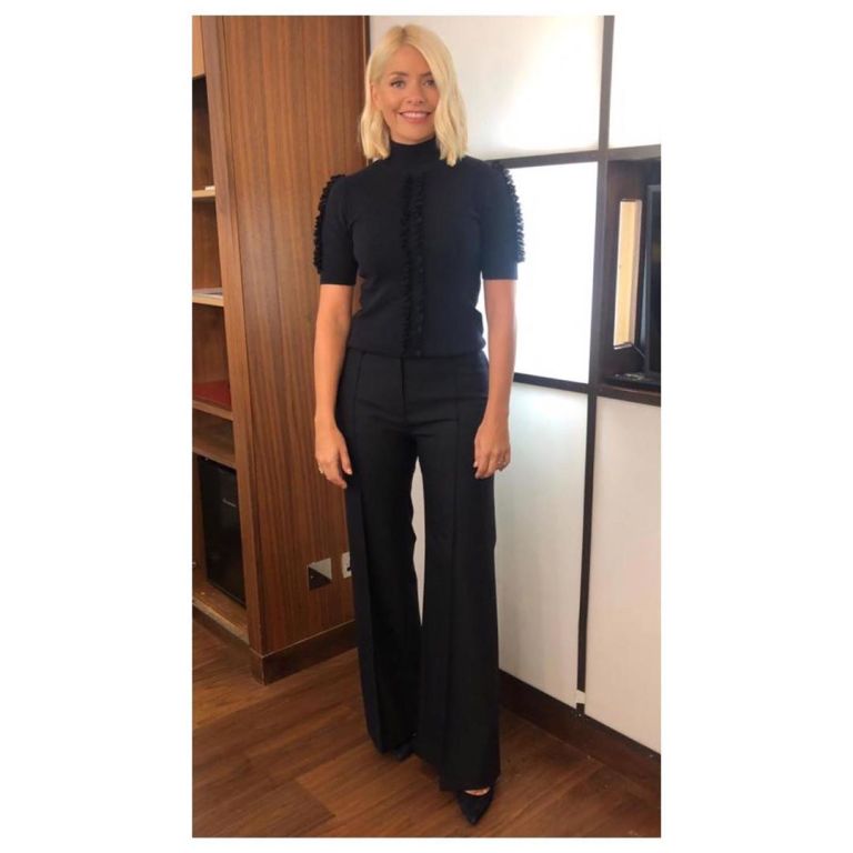 how to find Holly Willoughby This Morning outfit today nvy short sleeve knit navy wide trousers September 2019 Photo Holly Willoughby
