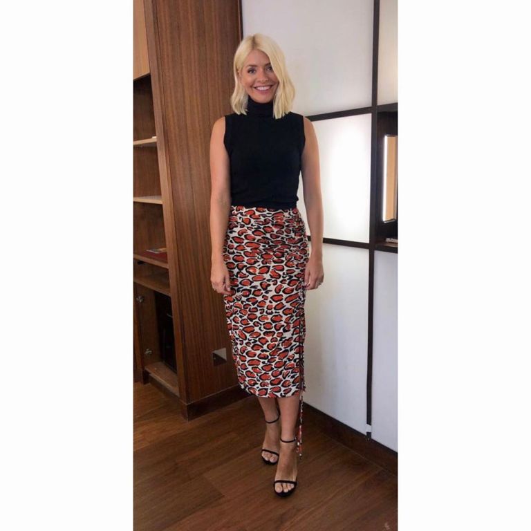 how to find Holly Willoughby This Morning outfit today red leopard pencil skirt black sleeveless top black sandals September 2019 Photo Holly Willoughby