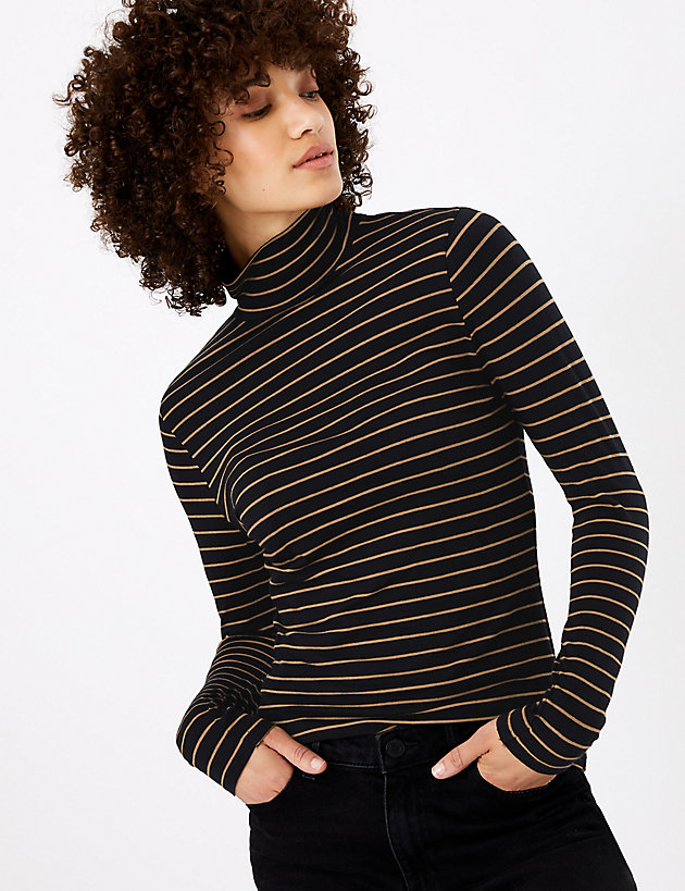 M&amp;S Collection Striped Polo Neck