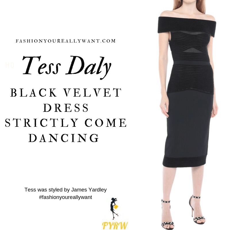Tess Daly Wore a black velvet off the shoulder dress and nude sandals on the Strictly Come Dancing Week 2 Results Show September 2019 outfit blog