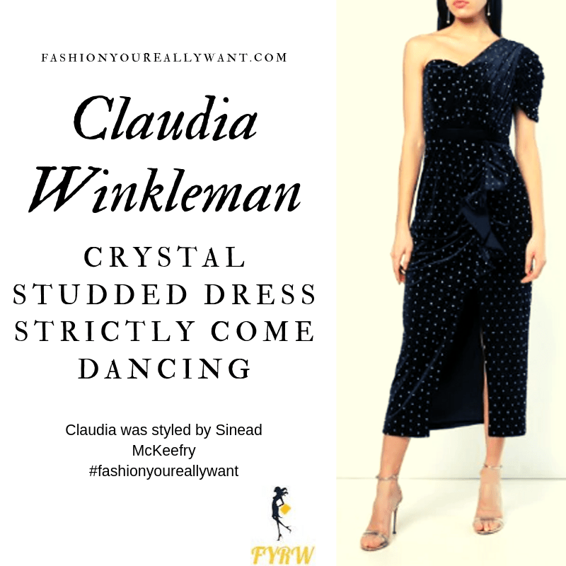 Claudia Winkleman Wore a black velvet one sleeve crystal studded dress on Strictly Come Dancing Week 3 outfit blog October 2019
