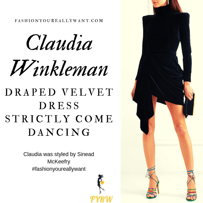 Claudia Winkleman Wore a black velvet padded shoulder draped mini dress on Strictly Come Dancing Week 4 outfit blog October 2019