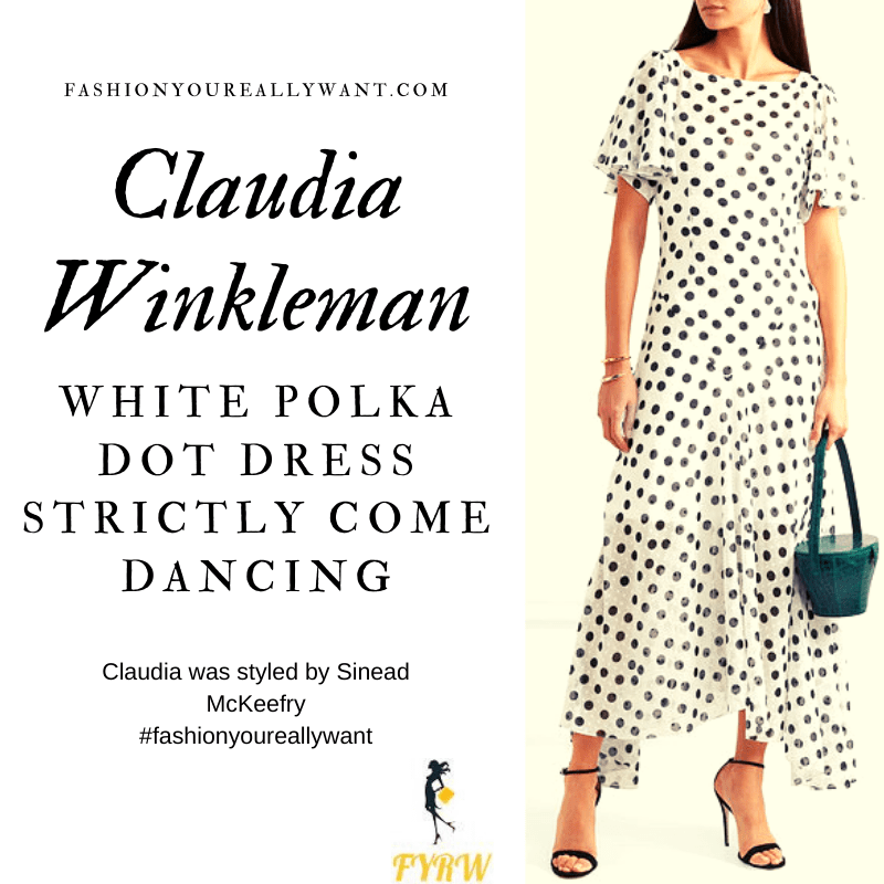 Claudia Winkleman Wore this White Polka Dot Spot dress on Strictly Come Dancing Week 5 outfit blog October 2019