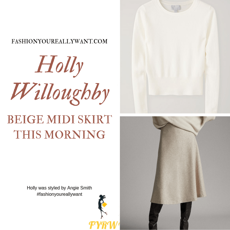 Holly Willoughby Wore This beige midi skirt with beige crew neck jumper on  This Morning today October 2019 outfit blog