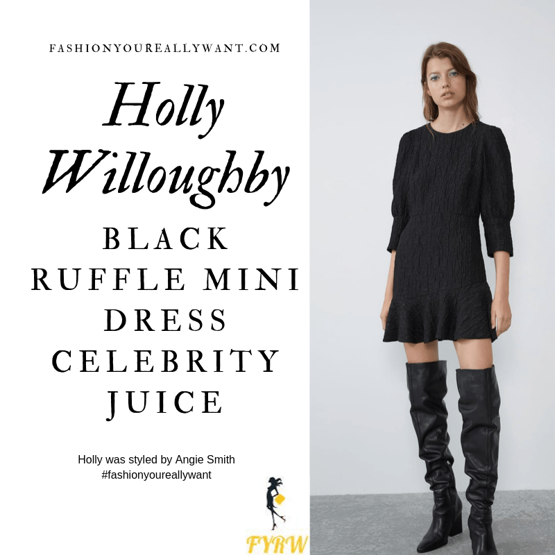 Holly Willoughby wore a Black Ruffle Mini Dress with strappy suede sandals on Celebrity Juice outfit blog October 2019