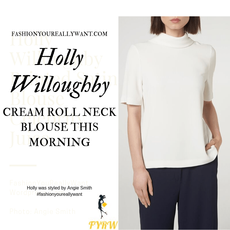 Holly Willoughby Wore a cream roll neck short sleeve blouse with black trousers on  This Morning today blog October 2019
