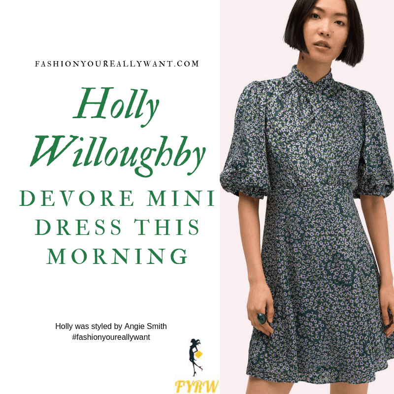Holly Willoughby Wore a grey green devore floral mini dress with cream square toe boots on  This Morning today outfit blog October 2019