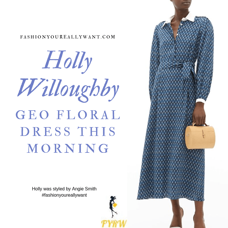 Holly Willoughby Wore a blue geo floral print dress with white collar and cuffs with nude suede court shoes on  This Morning today October 2019 outfit blog