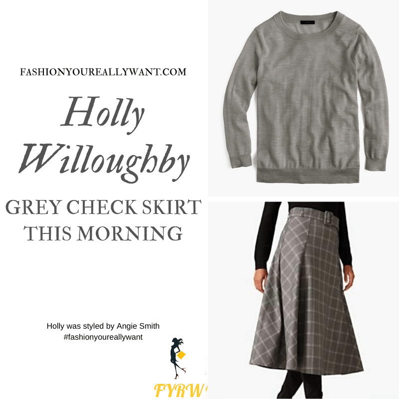 Holly Willoughby wore this grey check skirt grey jumper and grey court shoes on  This Morning today outfit blog October 2019